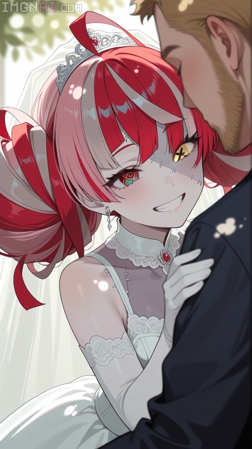 Anime-style illustration of Kureiji Ollie as a zombie bride with stitched skin and heterochromatic eyes, wearing a white wedding dress and veil while embracing a groom.