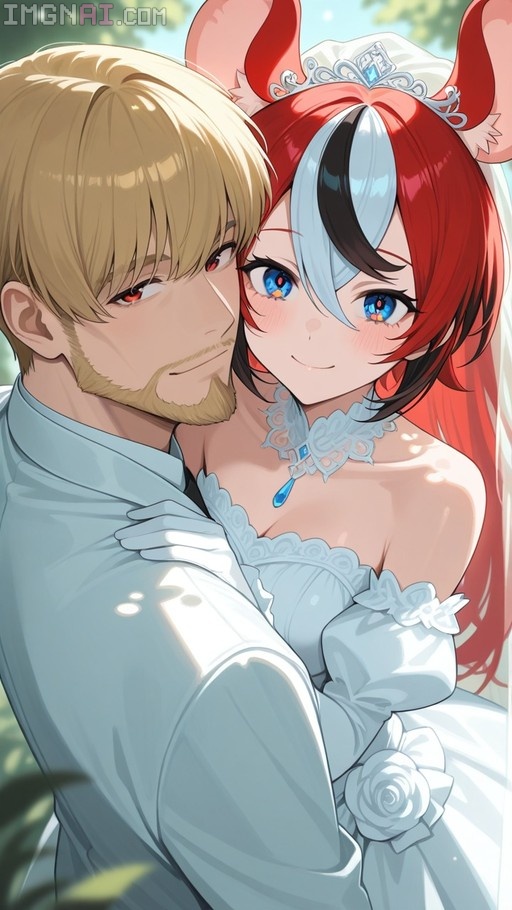 Anime-style illustration of Hakos Baelz in a white wedding dress and veil embracing a blonde bearded groom.