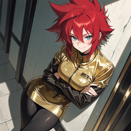 A red-haired anime girl with blue eyes and a cheek scar leans against a wall in a shiny gold jacket and black tights, smiling at the viewer.