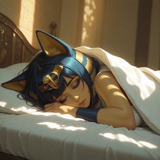 Blue-haired anime girl with jackal ears and gold Egyptian headpiece sleeping on a white bed in sunlight