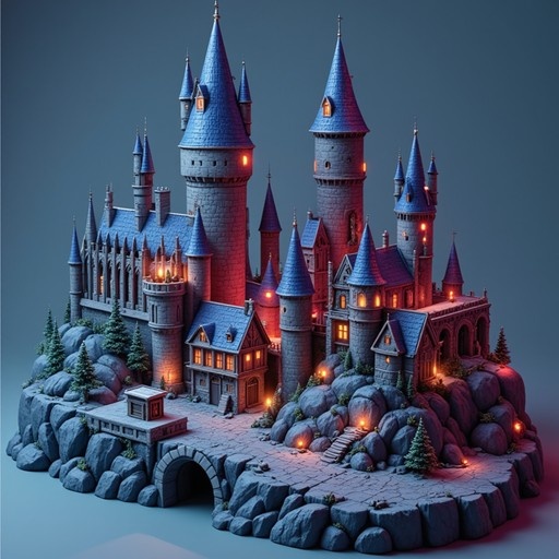A detailed isometric view of a miniature fantasy castle with blue pointed roofs and warm glowing windows, situated on a rocky island with pine trees and cobblestone paths.