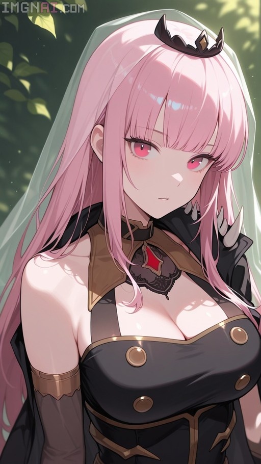 Mori Calliope with long pink hair and pink eyes wearing a black dress, veil, and small crown.
