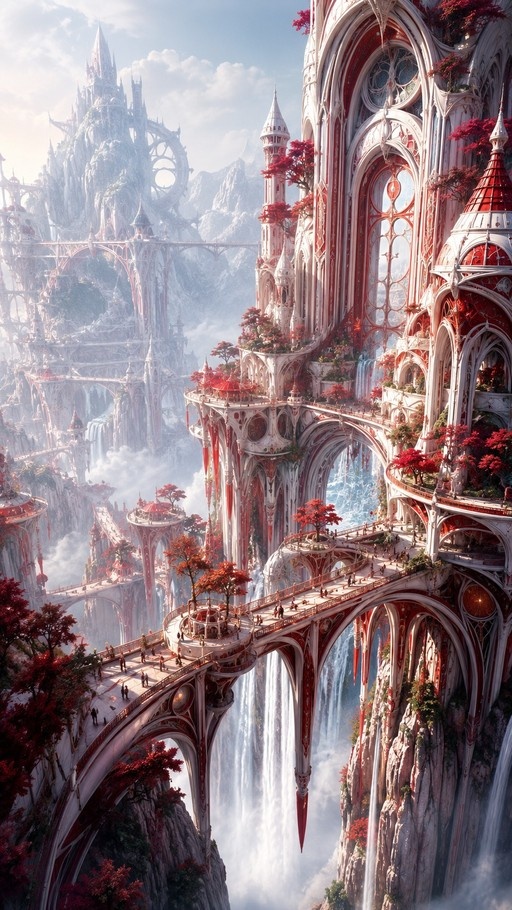 A detailed digital painting of a fantastical mountain city featuring intricate white and red architecture connected by arched bridges, with waterfalls cascading down the cliffs.