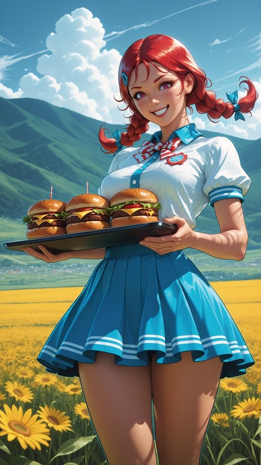 Anime-style illustration of Wendy Thomas with red twin braids holding a tray of cheeseburgers in a sunny sunflower field.