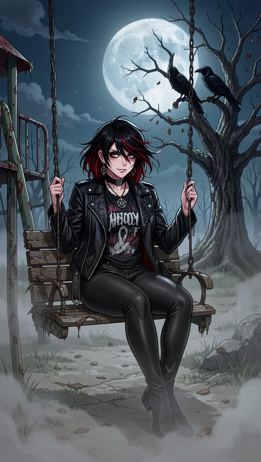 A punk-styled girl with black and red hair sits on a wooden swing in a foggy park at night, with a large full moon and two crows perched on a bare tree branch nearby.