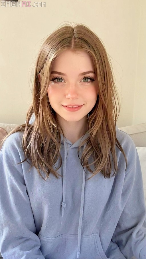 A young woman with long light brown hair and green eyes smiles gently at the camera while wearing a light blue hoodie indoors.