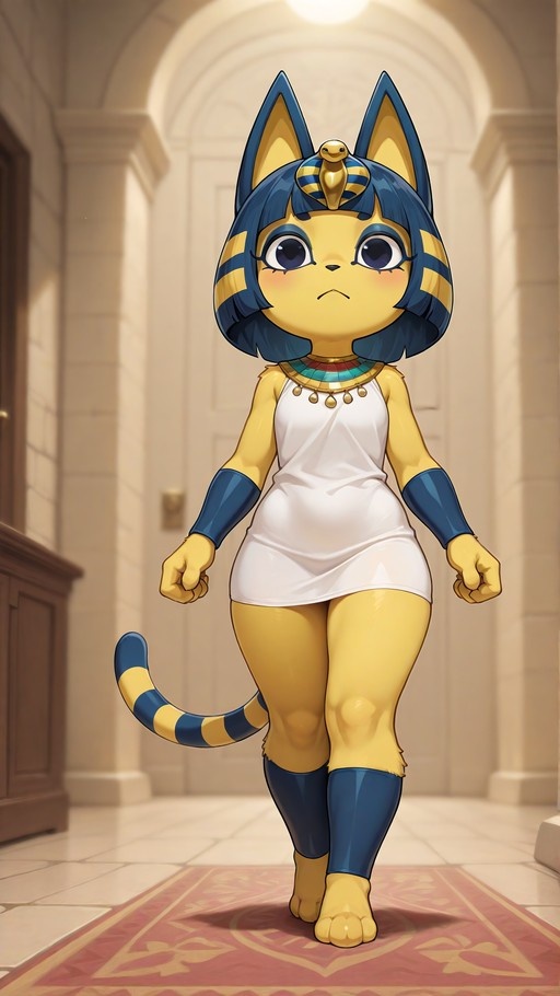 A yellow-furred female cat with blue hair and an Egyptian snake headdress stands in a hallway wearing a white dress and blue arm guards.