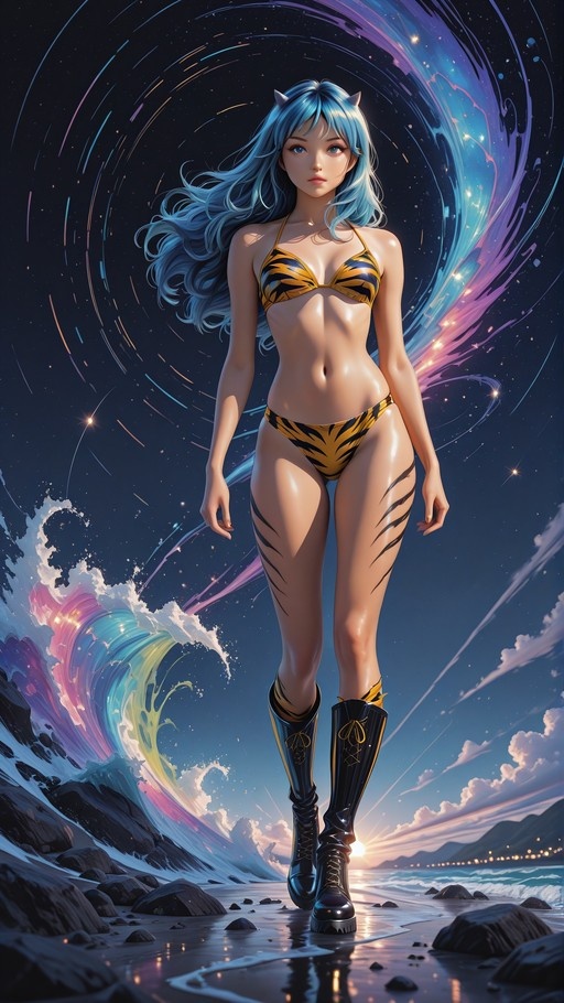 A full-body digital illustration of a blue-haired girl with horns wearing a tiger-striped bikini and black boots, standing on a beach with colorful waves and a starry sky behind her.