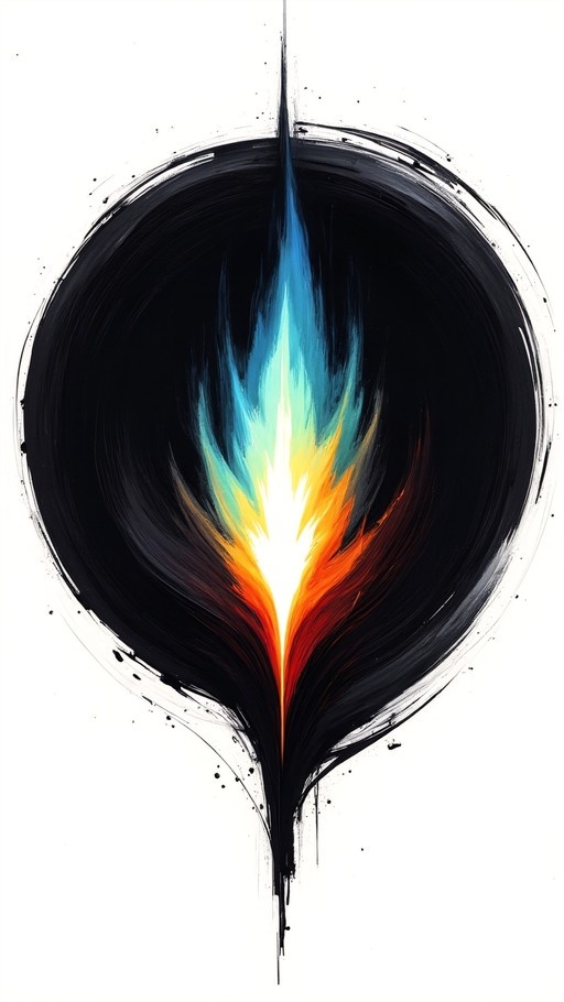 A vertical abstract flame design featuring a gradient from bright orange and yellow at the base to cyan and blue at the tip, enclosed within a rough black circular brushstroke on a white background.