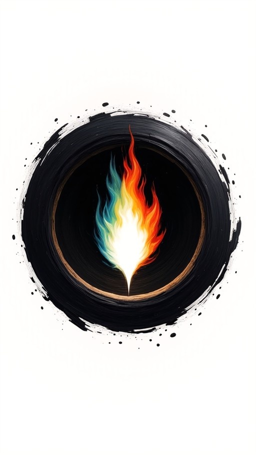 A digital illustration of a multicolored flame rising inside a black circular brushstroke on a white background.