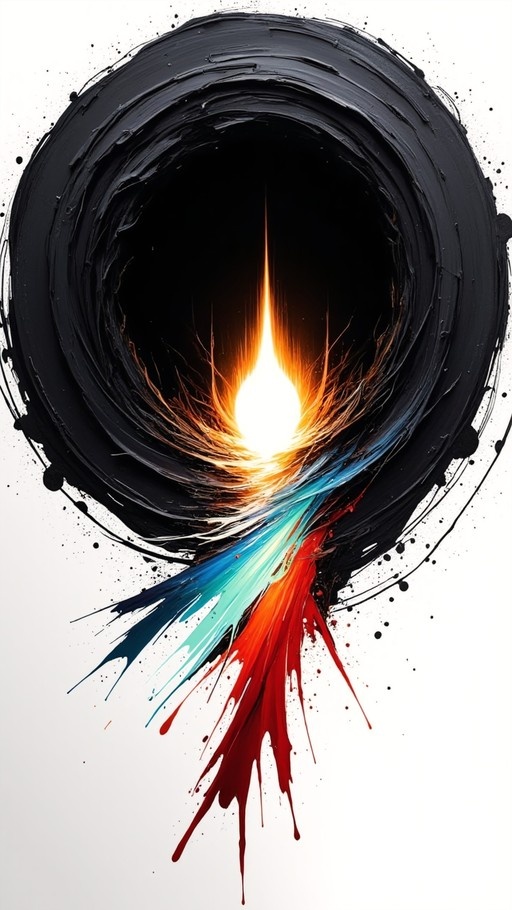 An abstract black hole vortex with a glowing orange core and flowing streams of blue, teal, and red paint splashing downward on a white background.