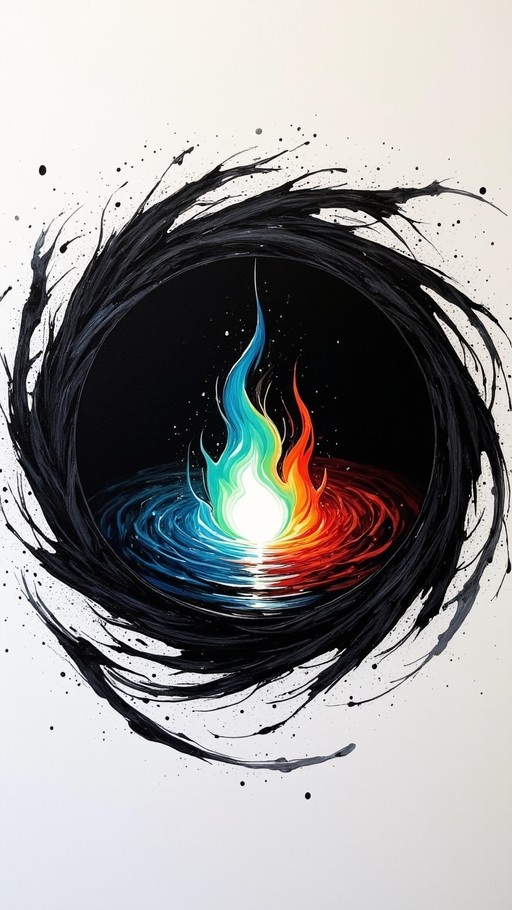 A digital painting of a multicolored flame rising from blue and red ripples, framed by a rough black ink circle on a white background.