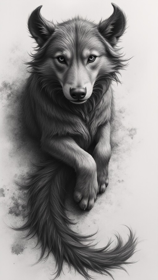 A realistic black and white digital painting of a wolf lying down with its paws crossed, looking directly forward against a plain white background.