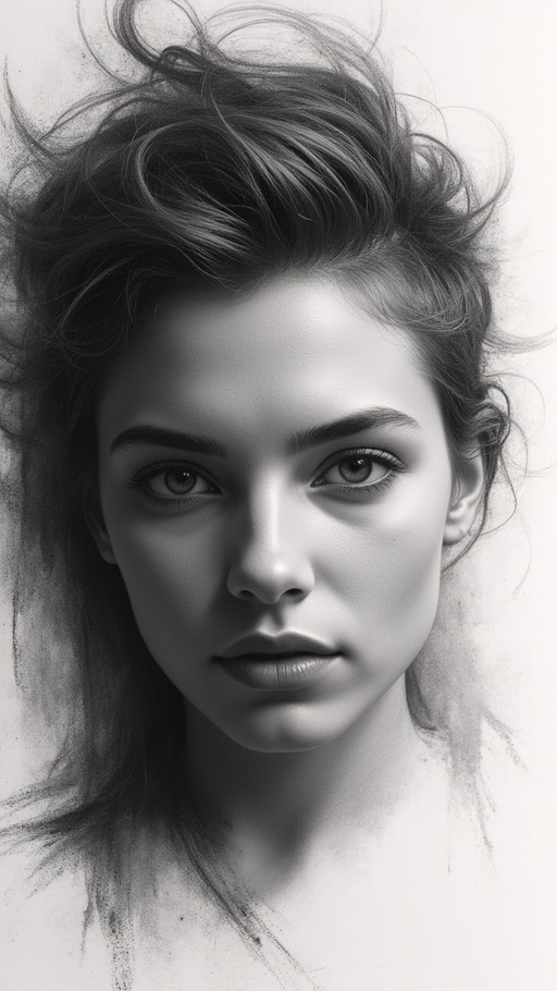 A realistic black and white digital painting of a young woman with messy hair looking directly forward.
