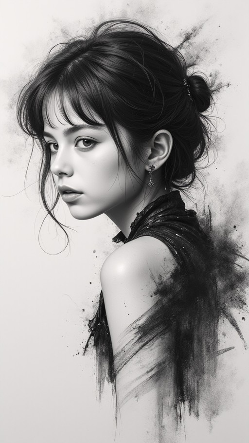 A monochrome digital portrait of a young woman with dark hair styled in a high bun, looking back over her shoulder while wearing dangling earrings against a textured, ink-wash background.