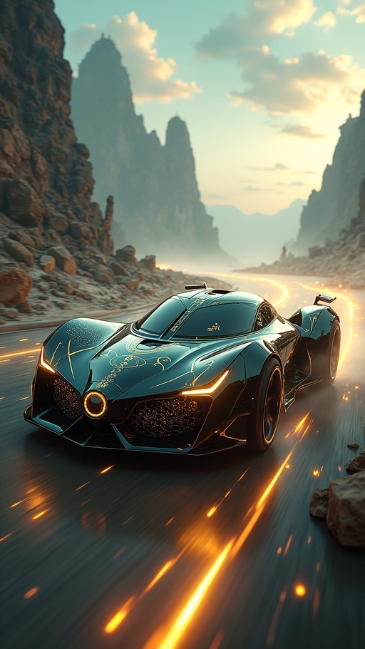 A futuristic dark teal sports car with glowing orange accents speeds down a winding road through a rocky canyon at sunset.