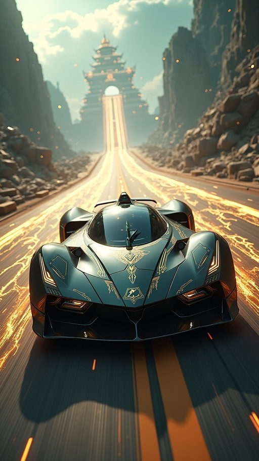 A rear view of a sleek futuristic sports car driving on a glowing highway toward a large pagoda in the distance.