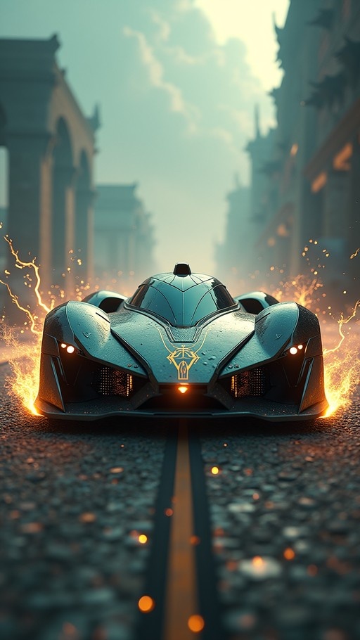 Front view of a sleek, dark futuristic sports car driving on a cobblestone street with glowing orange lights and flying sparks against a blurred city background.