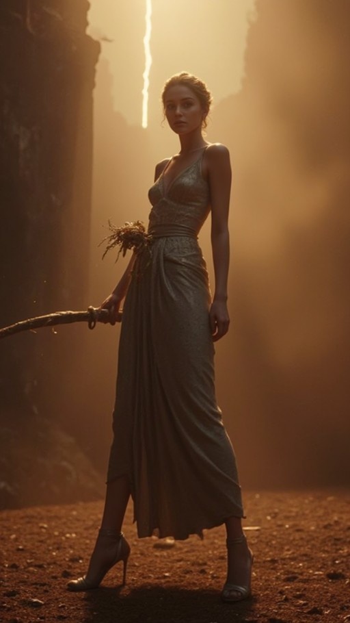 A full-body shot of a woman in a shimmering grey gown and high heels standing in dusty ruins, holding a sword in one hand and a bouquet of dried flowers in the other, bathed in warm golden sunlight.