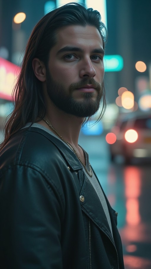 A man with long dark hair and a beard wearing a black leather jacket and gold necklace stands against a blurred city night background.