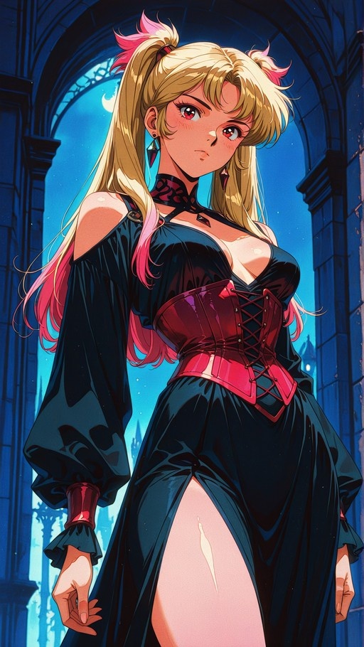 An anime-style illustration of a young woman with long blonde hair and pink streaks, wearing a black dress with a red corset. She stands in a stone archway against a blue night sky featuring a crescent moon.