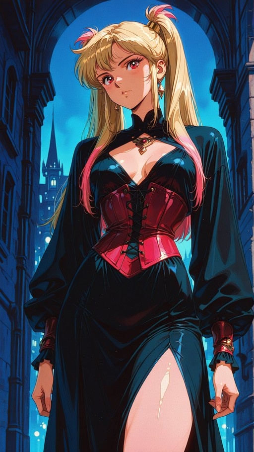 Anime-style illustration of a woman with blonde and pink hair wearing a red corset and black dress in a blue-lit city street at night.