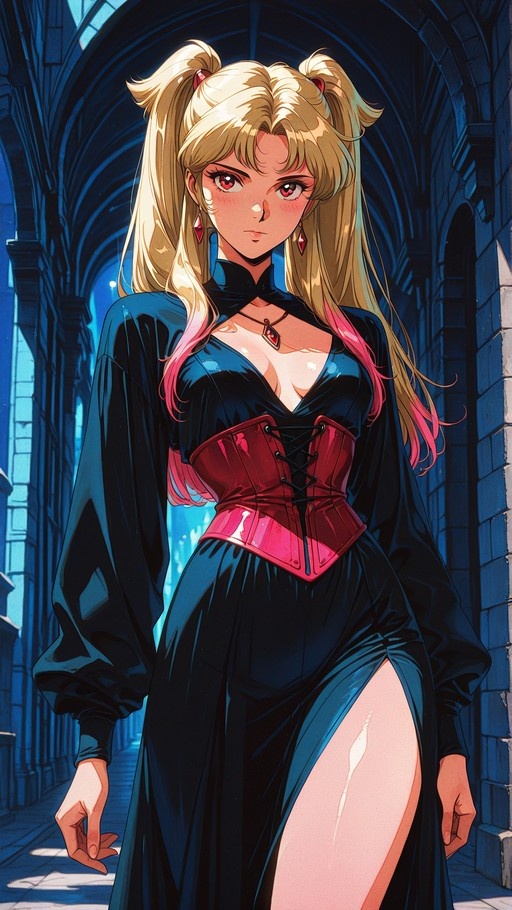 Minako Aino from Sailor Moon wearing a black dress and red corset in a stone hallway