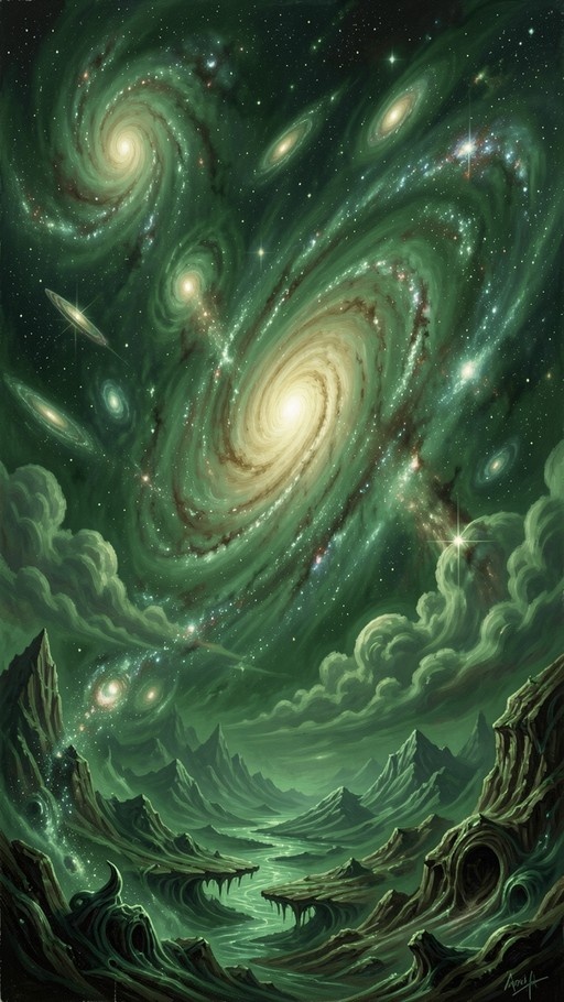 Surreal digital illustration of a vibrant emerald night sky filled with swirling spiral galaxies and nebulae, hovering over a rugged landscape of twisted, dark rock formations.