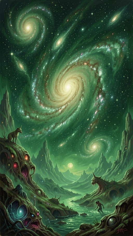 Surreal fantasy landscape featuring swirling green galaxies, jagged mountains, and monstrous rock formations with glowing eyes.
