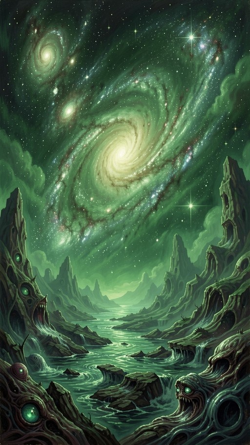A surreal digital painting of an alien valley under a swirling green galaxy sky, featuring jagged rock formations with glowing eyes resembling eldritch monsters along a flowing river.