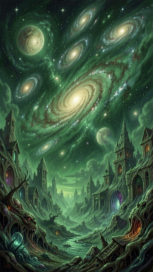 A surreal fantasy landscape featuring a green sky filled with swirling galaxies above an alien city with gothic spires and monstrous organic structures in the foreground.