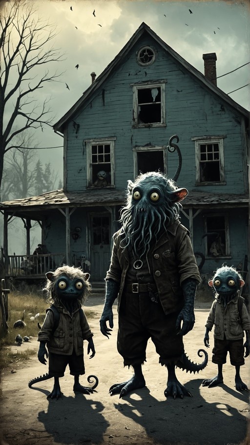 A tall blue-skinned monster with hanging tentacles and two smaller similar creatures stand in front of a dilapidated house under a cloudy sky.