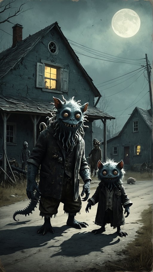 Two blue-skinned monsters with large eyes and sharp teeth stand on a dark road under a full moon, with an old house in the background.