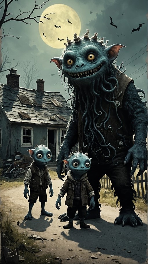 A large blue monster with horns and tentacles stands next to two smaller blue monsters in front of an old house under a full moon with flying bats.