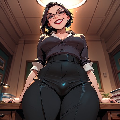 Low-angle view of a smiling woman with glasses and dark hair sitting on an office desk, wearing a tight black outfit that highlights her figure.