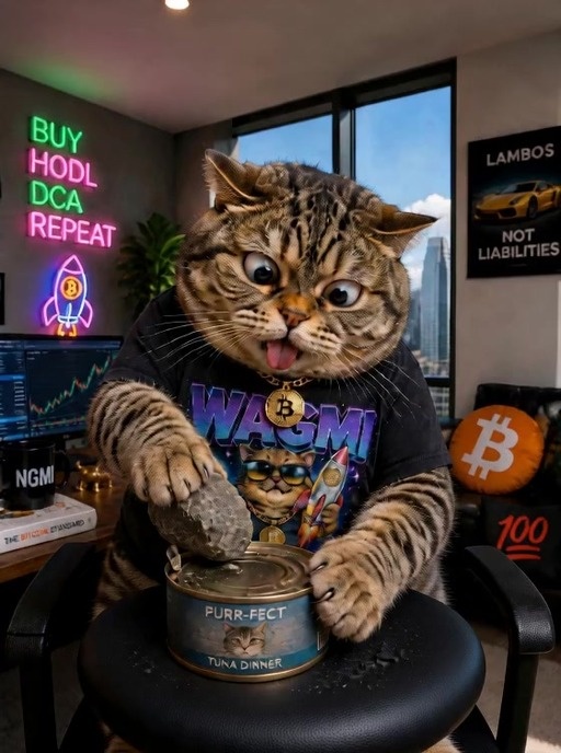 A chubby tabby cat in a WAGMI t-shirt and gold chain clumsily tries to open a tuna can with a rock, falling off a chair and into a pool.