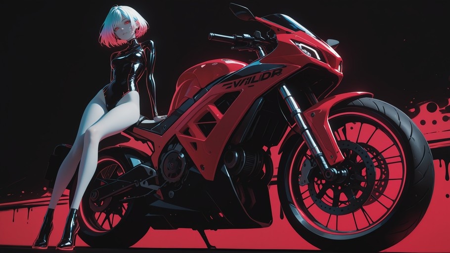 An anime-style girl with short white and pink hair and red eyes sits on a red motorcycle wearing a black bodysuit.