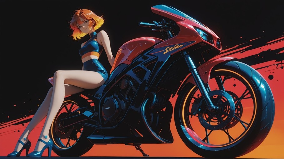 Orange-haired anime woman in a blue outfit sitting on a red motorcycle with yellow script text.