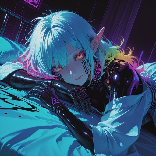 Anime-style girl with gradient blue and pink hair, pointed ears, and mechanical arms lying on a bed under neon lights.
