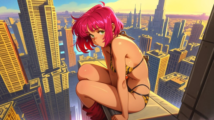 Anime-style girl with short pink hair and green eyes wearing a patterned bikini and red leg warmers, sitting on a skyscraper rooftop ledge overlooking a golden city skyline.