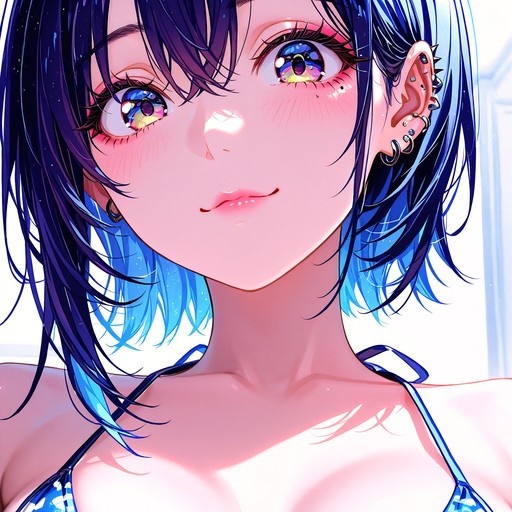 Close-up portrait of an anime girl with short blue hair, multicolored eyes, and multiple ear piercings wearing a blue bikini.