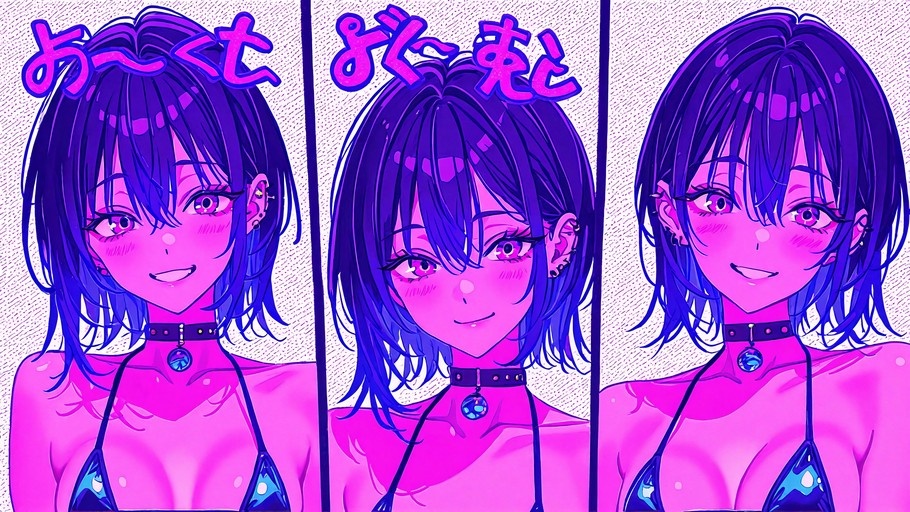 Triptych illustration of a smiling anime girl with short purple hair, pink eyes, and a black bell choker wearing a bikini.