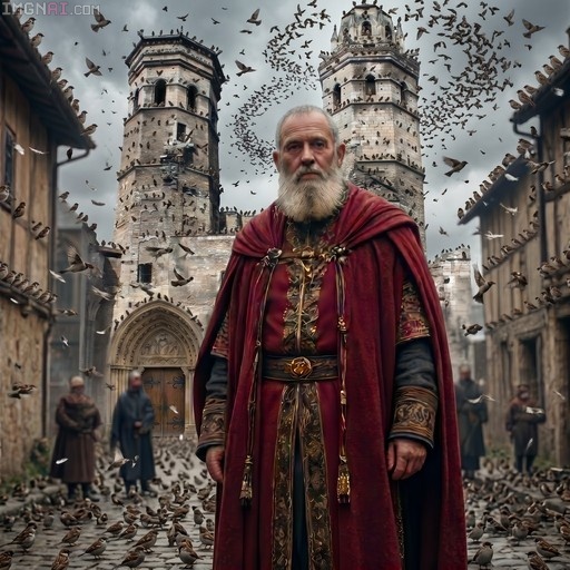 Ponce II de Rochebaron, an older man with a white beard and red cape, stands in a medieval street surrounded by a large flock of sparrows.