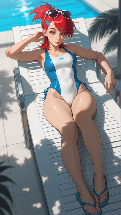 A red-haired anime character resembling Misty from Pokémon lies on a white poolside lounge chair wearing a blue and white high-leg swimsuit and flip-flops.