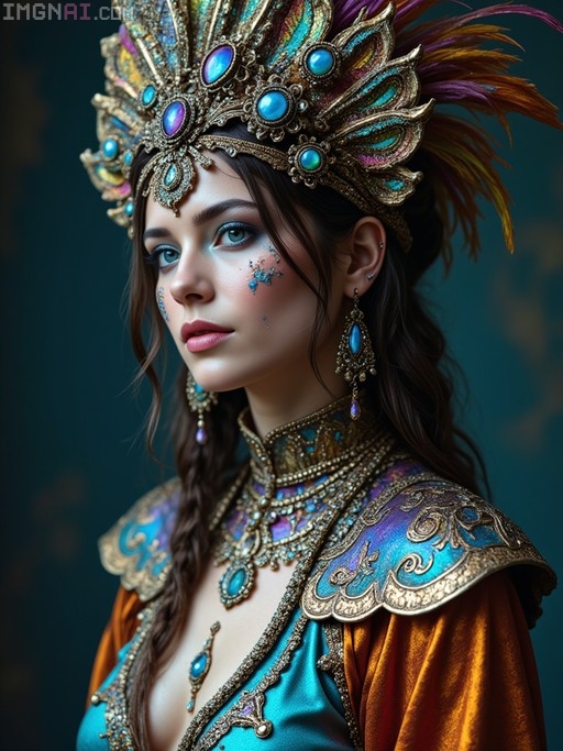 A woman with long brown hair and blue eyes wearing an ornate gold headdress with colorful feathers and blue gems, featuring intricate facial makeup and fantasy attire.