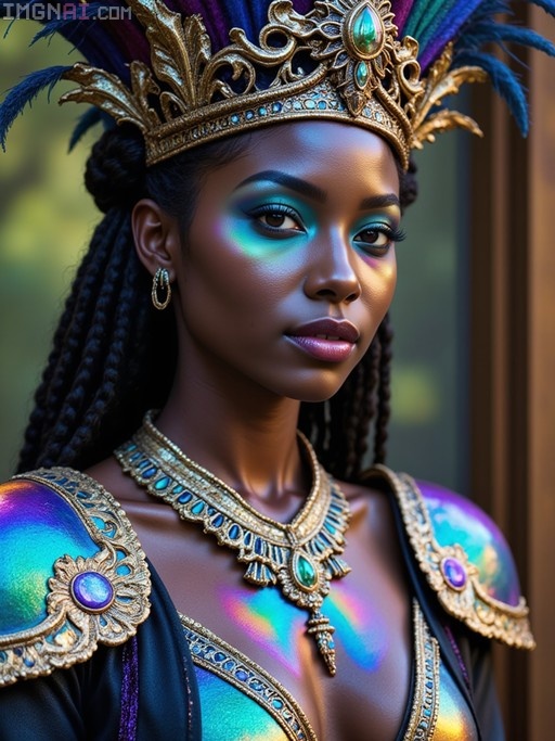 A close-up portrait of a majestic dark-skinned woman with an iridescent complexion, wearing a golden crown with blue feathers and intricate shoulder armor.