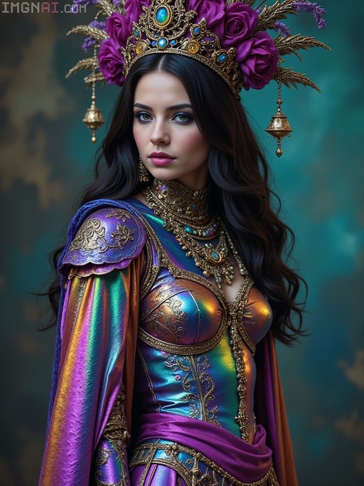 A portrait of a sorceress with long dark hair wearing an iridescent gold and purple armor and a crown decorated with large purple roses.