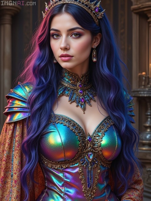 A portrait of a woman with long wavy hair featuring pink and blue gradients, wearing an ornate iridescent bodice with gold trim and a golden crown.
