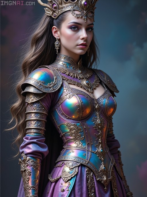 A woman with long brown hair wearing an elaborate golden crown and shimmering iridescent armor over a purple gown, looking directly at the viewer.