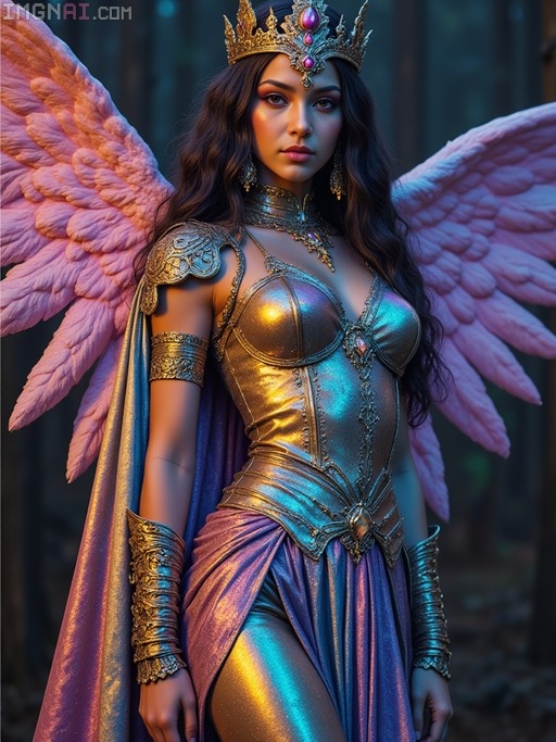 A majestic female sorceress with large pink wings wears a golden crown and shimmering iridescent armor in a fantasy setting.